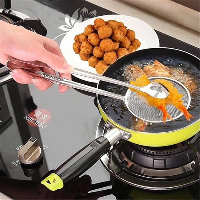 2-in-1 Stainless Steel Oil Skimmer Colander with Clip – Multi-Functional Fine Mesh Filter Tongs for Cooking, BBQ & Baking (2)
