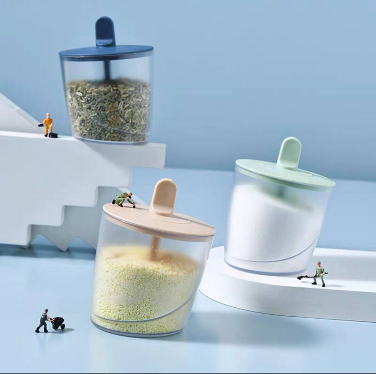 Plastic Seasoning Box Condiment Canister Kitchen Spice Rack Container with Lid and Spoon, Spice Sugar Bowl for Kitchen (7)