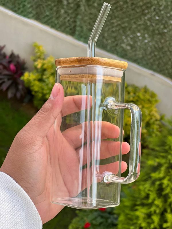 Square Glass Mug with Bamboo Lid & Straw 400ml Coffee & Iced Drinks Cup ...