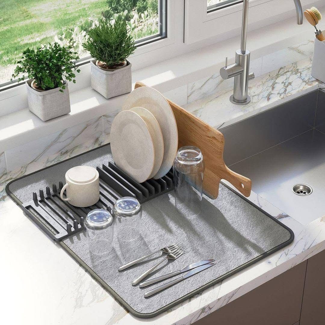 Wrixty Dish Drying Rack (13) رف تجفيف أطباق قابل للطي 2 في 1 مع سجادة امتصاص رمادي لتنظيم المطبخ بكفاءة وأناقة 2-in-1 folding dish rack with absorbent drying mat gray for efficient kitchen organization