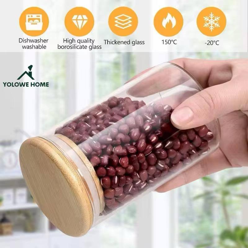 YOLOWE HOME 9-Piece Glass Food Storage Jars with Bamboo Lids – Airtight Crystal Clear Containers 250ml (4)