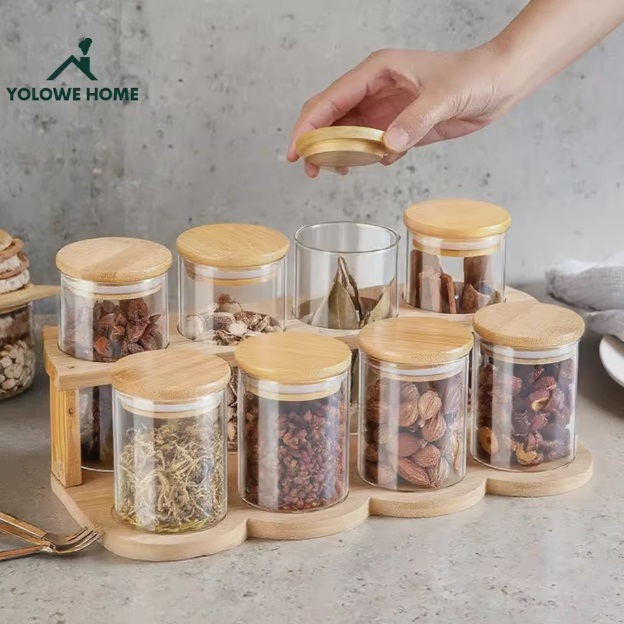 YOLOWE HOME 9-Piece Glass Food Storage Jars with Bamboo Lids – Airtight Crystal Clear Containers 250ml (6)