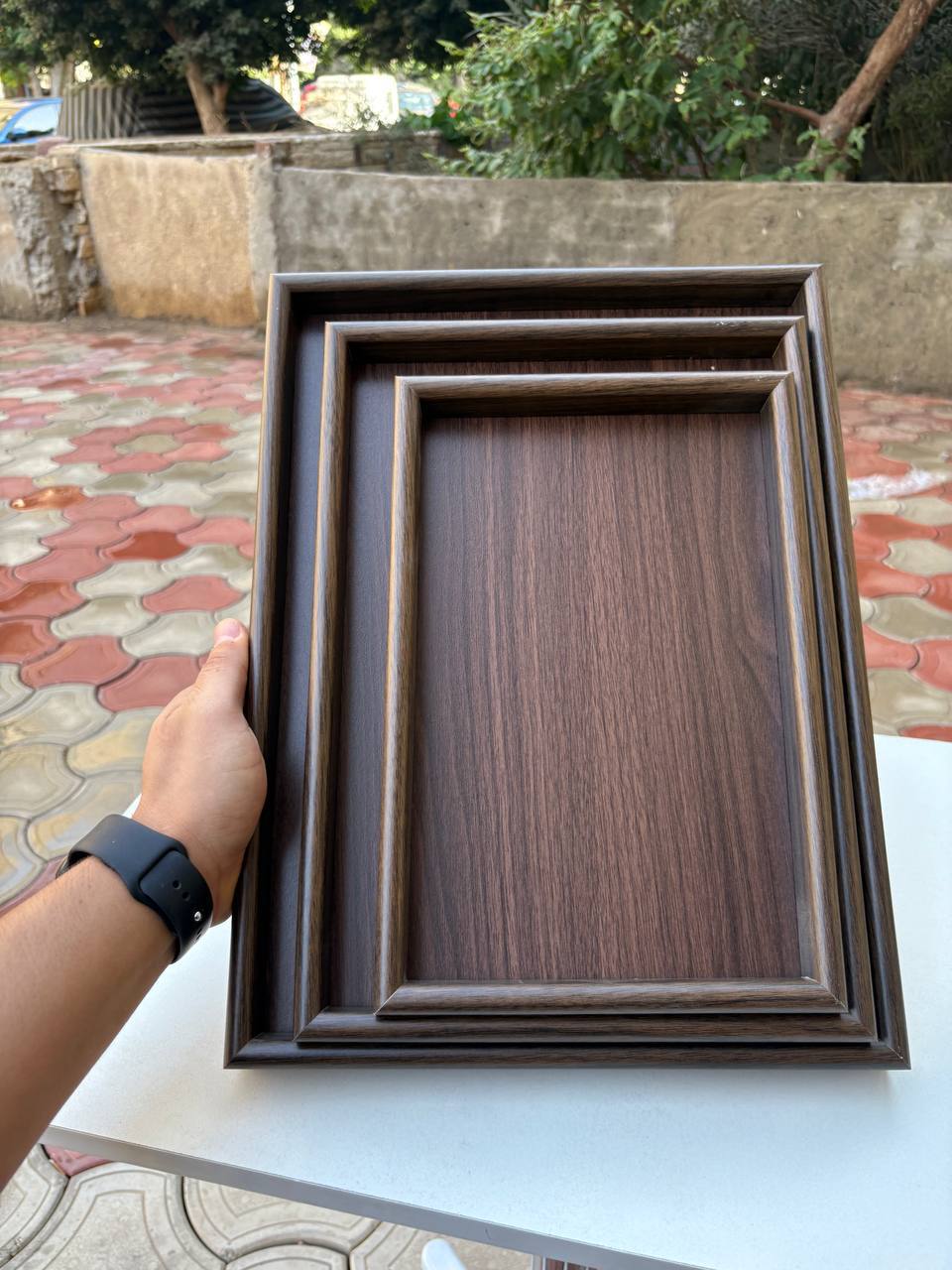 3-Piece Rustic Wood Serving Tray Set (4)