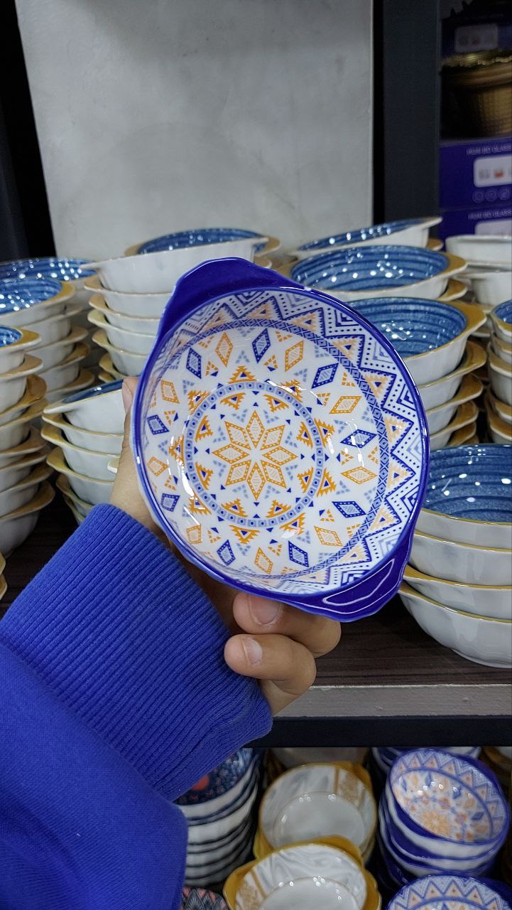 Generic Decorative Ceramic Bowls Set, Blue and Orange Floral Pattern (4)