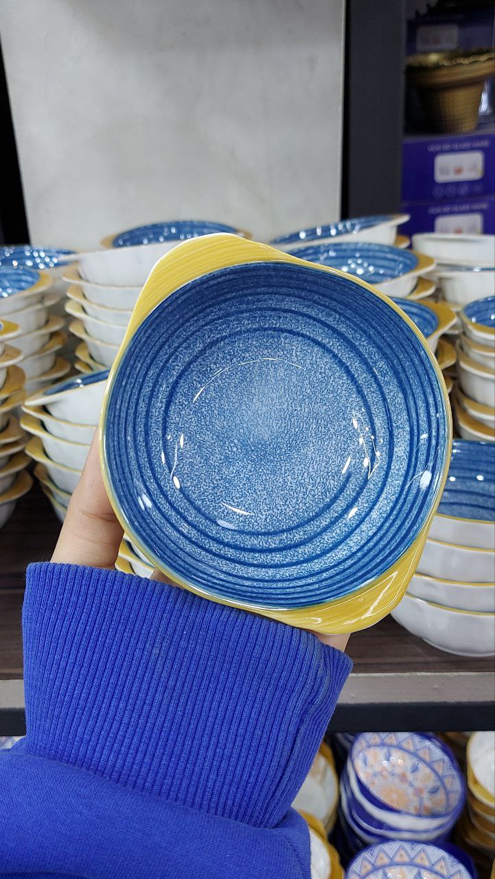 Generic Decorative Ceramic Bowls Set, Blue and Orange Floral Pattern (6)