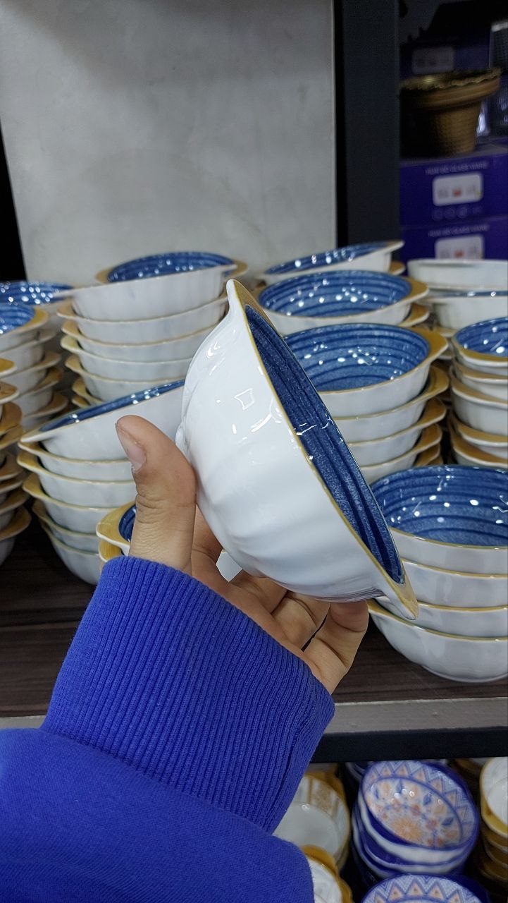 Generic Decorative Ceramic Bowls Set, Blue and Orange Floral Pattern (7)