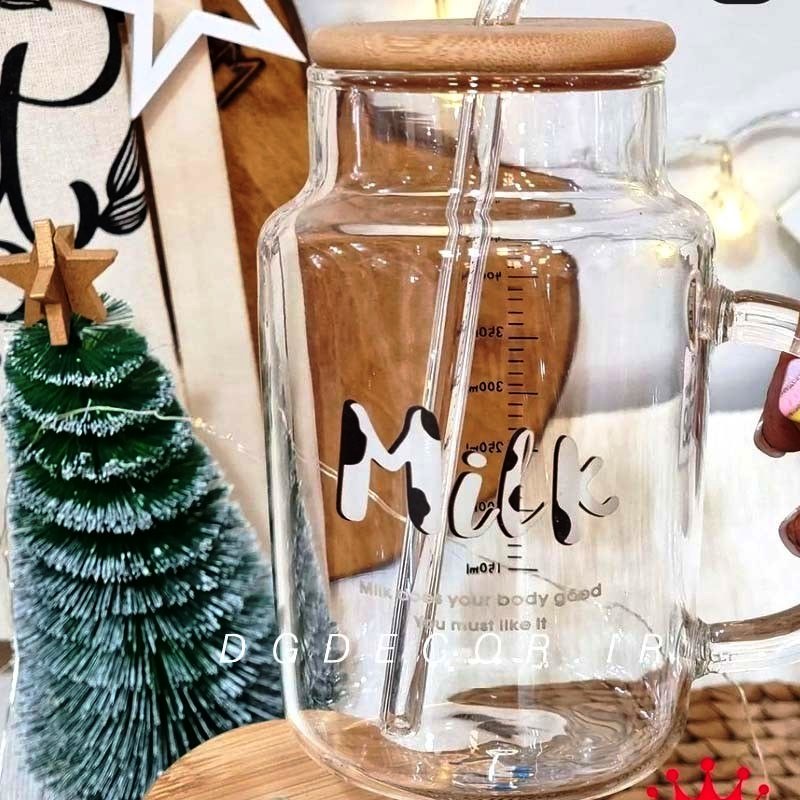 Glass Milk Mug with Wooden Lid, Cute Cow Design, 350ml Capacity, Reusable Straw (5)