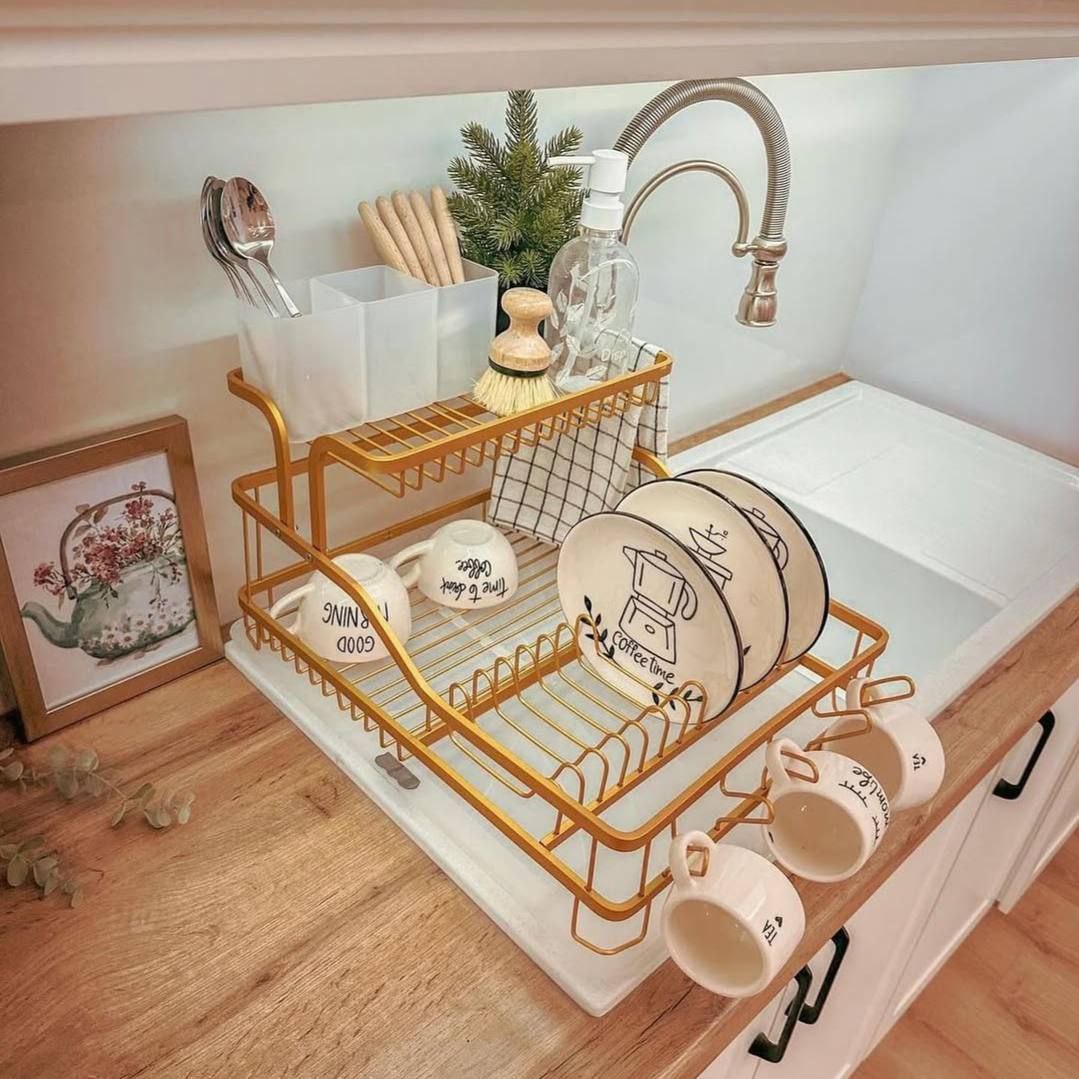 2-Tier Dish Drying Rack, Stainless Steel, Countertop Design (Gold) (2)