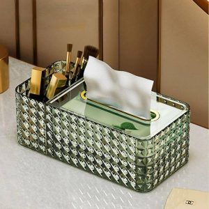 Elegant Crystal Acrylic Tissue Box with a sparkling finish on a marble table. علبة مناديل أكريليك كريستال بتصميم عصري ولامع فوق طاولة