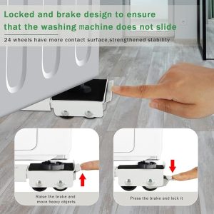 white adjustable washing machine stand with wheels and brakes for easy cleaning and moving حامل متحرك غسالة وثلاجة بعجلات مع فرامل أبيض قابل للتعديل للتنظيف والنقل السهل