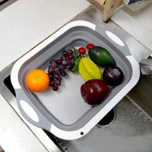 collapsible multifunctional cutting board with drain for washing fruits vegetables and serving in kitchen طبق تقطيع قابل للطي متعدد الوظائف مع مصرف ماء للغسيل والتقديم والتخزين في المطبخ بأناقة