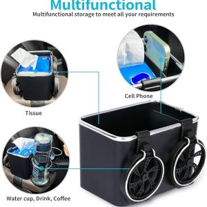 صندوق تخزين مسند ذراع السيارة أسود مع حاملي كوب قابلين للطي وخطافين للتنظيم العملي car armrest storage box black with 2 foldable cup holders and 2 headrest hooks multifunctional organizer
