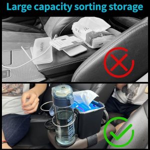 صندوق تخزين مسند ذراع السيارة أسود مع حاملي كوب قابلين للطي وخطافين للتنظيم العملي car armrest storage box black with 2 foldable cup holders and 2 headrest hooks multifunctional organizer