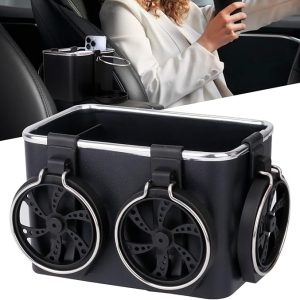 صندوق تخزين مسند ذراع السيارة أسود مع حاملي كوب قابلين للطي وخطافين للتنظيم العملي car armrest storage box black with 2 foldable cup holders and 2 headrest hooks multifunctional organizer