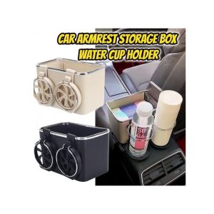 صندوق تخزين مسند ذراع السيارة أسود مع حاملي كوب قابلين للطي وخطافين للتنظيم العملي car armrest storage box black with 2 foldable cup holders and 2 headrest hooks multifunctional organizer