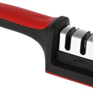 3 stage manual knife sharpener stainless steel black red with comfortable handle for safe easy sharpening مسن سكاكين يدوي 3 مراحل فولاذ مقاوم للصدأ أحمر أسود مع مقبض مريح لشحذ السكاكين بأمان وسرعة في المطبخ