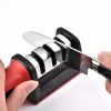 3 stage manual knife sharpener stainless steel black red with comfortable handle for safe easy sharpening مسن سكاكين يدوي 3 مراحل فولاذ مقاوم للصدأ أحمر أسود مع مقبض مريح لشحذ السكاكين بأمان وسرعة في المطبخ