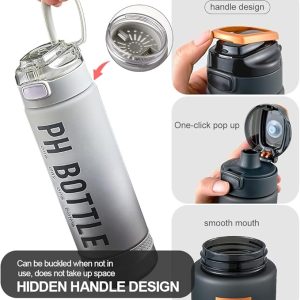 black motivational sports water bottle 1L leak-proof with time markers straw and strap for gym and fitness زجاجة مياه رياضية تحفيزية 1 لتر أسود مع علامات وقت ومانعة للتسرب خالية من BPA للجيم والرياضة
