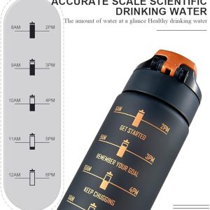 black motivational sports water bottle 1L leak-proof with time markers straw and strap for gym and fitness زجاجة مياه رياضية تحفيزية 1 لتر أسود مع علامات وقت ومانعة للتسرب خالية من BPA للجيم والرياضة