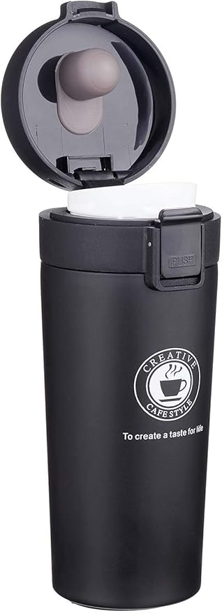Premium Stainless Steel Thermal Mug Black jestore-eg.com (1) Black Stainless Steel Thermal Mug 460ml with Safety Lock Trigger مج حراري ستانلس ستيل أسود سعة 460 مل مع زر أمان