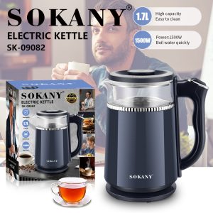 Sokany Glass Electric Kettle SK-09082 1.7L 1500W Black غلاية كهربائية زجاج سوكاني SK-09082 1.7 لتر 1500 واط أسود