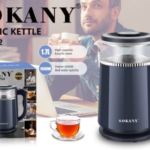 Sokany Glass Electric Kettle SK-09082 1.7L 1500W Black غلاية كهربائية زجاج سوكاني SK-09082 1.7 لتر 1500 واط أسود