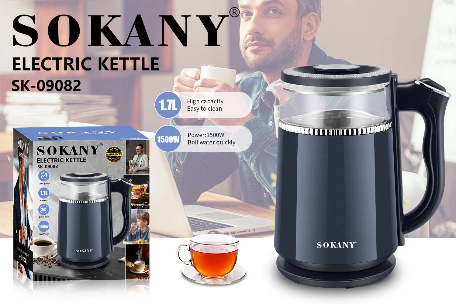 Sokany Glass Electric Kettle SK-09082 (3) Sokany Glass Electric Kettle SK-09082 1.7L 1500W Black غلاية كهربائية زجاج سوكاني SK-09082 1.7 لتر 1500 واط أسود