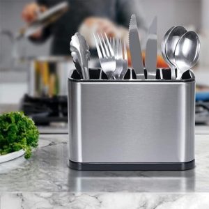 stainless steel cutlery drainer 4 compartments elegant organizer for drying spoons on sink and table مصفاة ملاعق ستانلس ستيل 4 حجرات أنيقة لتجفيف وترتيب الأدوات على الحوض والسفرة
