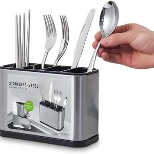 stainless steel cutlery drainer 4 compartments elegant organizer for drying spoons on sink and table مصفاة ملاعق ستانلس ستيل 4 حجرات أنيقة لتجفيف وترتيب الأدوات على الحوض والسفرة