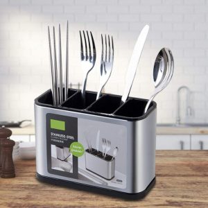 stainless steel cutlery drainer 4 compartments elegant organizer for drying spoons on sink and table مصفاة ملاعق ستانلس ستيل 4 حجرات أنيقة لتجفيف وترتيب الأدوات على الحوض والسفرة